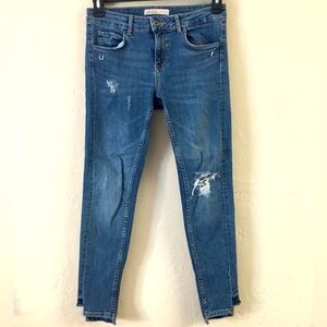 Zara Distressed Raw Hem Skinny Jeans 6 Blue Casual Stretch Denim
